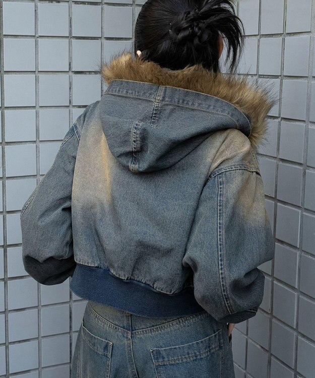 WEGO ファーフードデニムショートブルゾン デニム中濃加工色