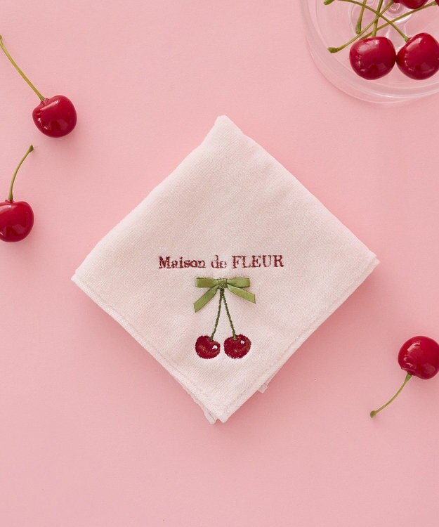 Maison de FLEUR チェリー刺繍タオルハンカチ Salmon Pink