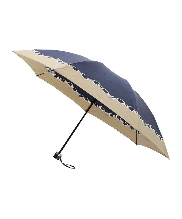 MOONBAT ランバン オン ブルー 折りたたみ傘 チェーン柄サテンジャガードプリント 簡単開閉 ネイビーブルー
