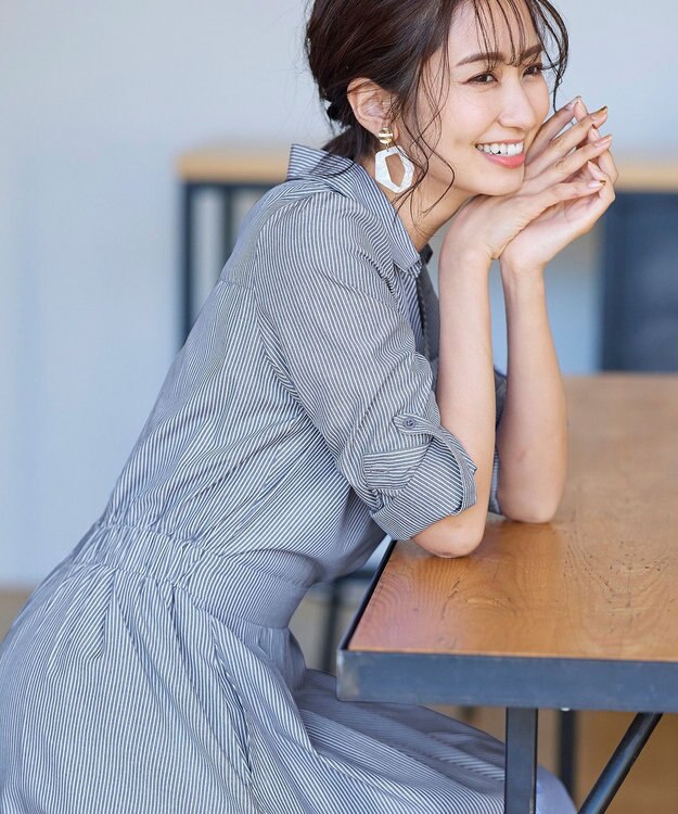 Tiaclasse L 【洗える】小顔効果も期待できるスキッパーシャツワンピース ネイビーストライプ