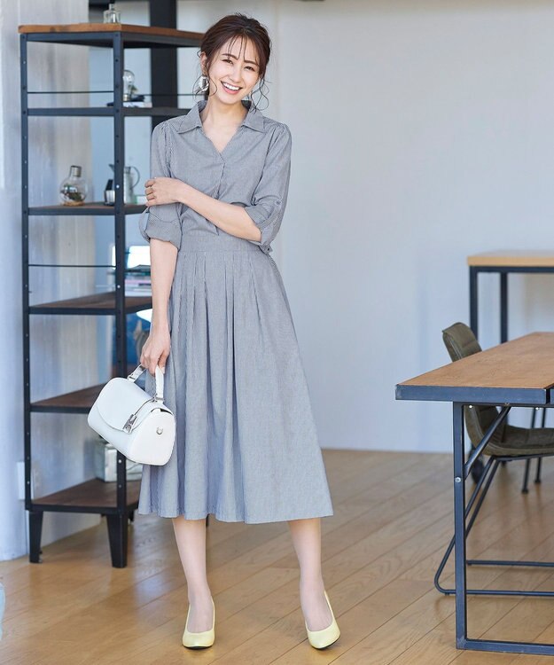 Tiaclasse L 【洗える】小顔効果も期待できるスキッパーシャツワンピース ネイビーストライプ