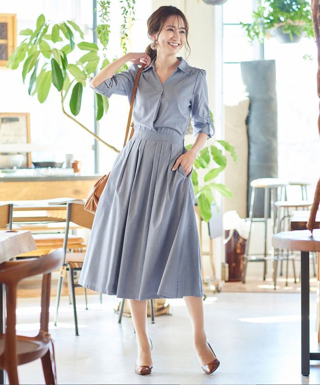 Tiaclasse L 【洗える】小顔効果も期待できるスキッパーシャツワンピース ネイビーストライプ