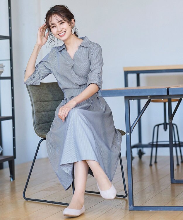 Tiaclasse L 【洗える】小顔効果も期待できるスキッパーシャツワンピース ネイビーストライプ