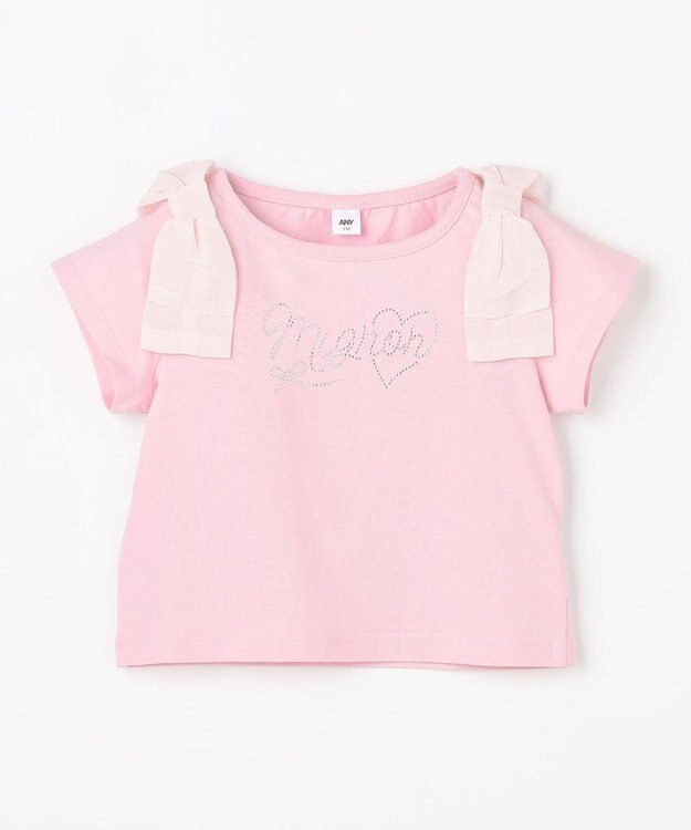 ANY KIDS 【綿100%】肩リボン×ラインストーンロゴ 半袖Tシャツ ピンク