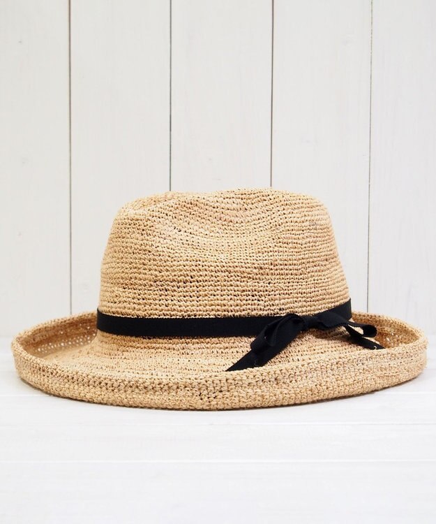 石田製帽 ラフィア糸入りかぎ編みポークセーラ　細リボン ナチュラル
