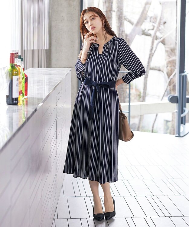 Tiaclasse 【2WAY・洗える】バンドカラーストライプリボンワンピース ネイビー