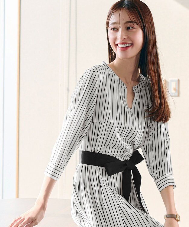 Tiaclasse 【2WAY・洗える】バンドカラーストライプリボンワンピース オフホワイト