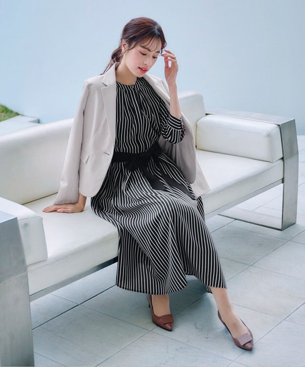 Tiaclasse 【2WAY・洗える】バンドカラーストライプリボンワンピース ブラック