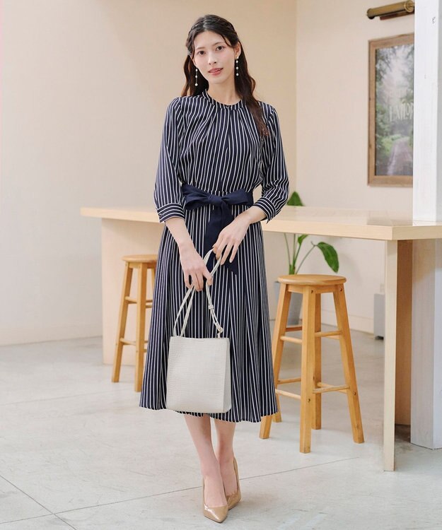 Tiaclasse 【2WAY・洗える】バンドカラーストライプリボンワンピース ネイビー