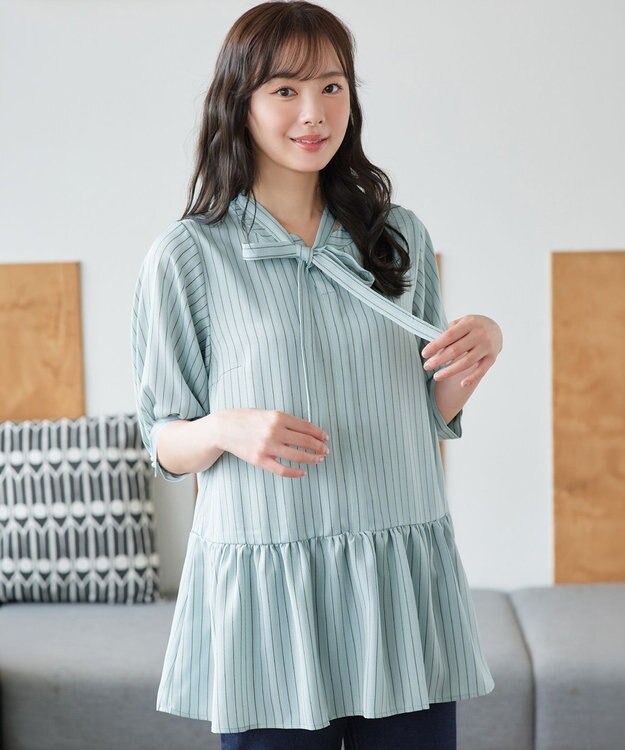 Tiaclasse L 取り外しリボン襟プリント柄ティアードチュニック サックスストライプ