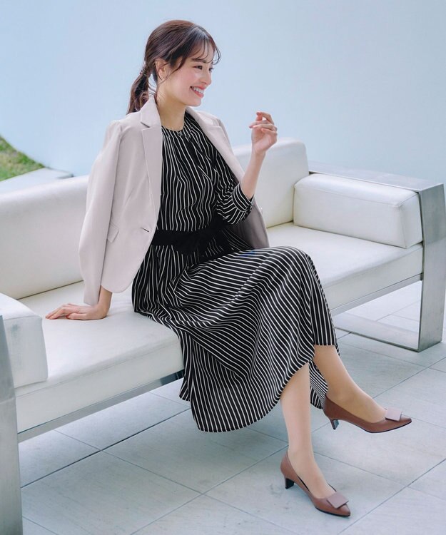 Tiaclasse 【2WAY・洗える】バンドカラーストライプリボンワンピース ブラック