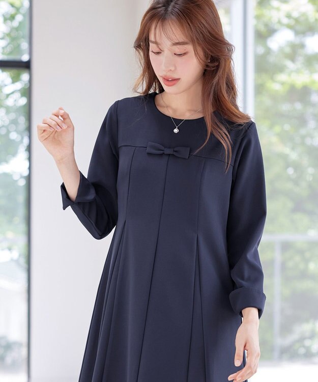 Tiaclasse L 【安田美沙子さん着用・洗える】フレアAラインリボンワンピース ネイビー