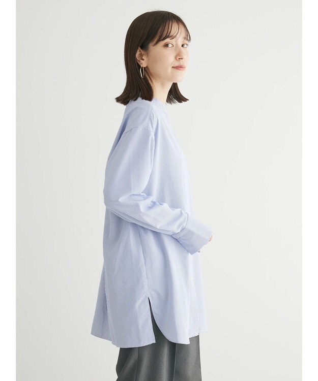 Green Parks レイヤードアソート柄シャツチュニック Stripe Blue