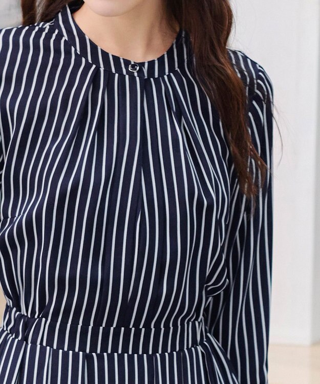 Tiaclasse 【2WAY・洗える】バンドカラーストライプリボンワンピース ネイビー