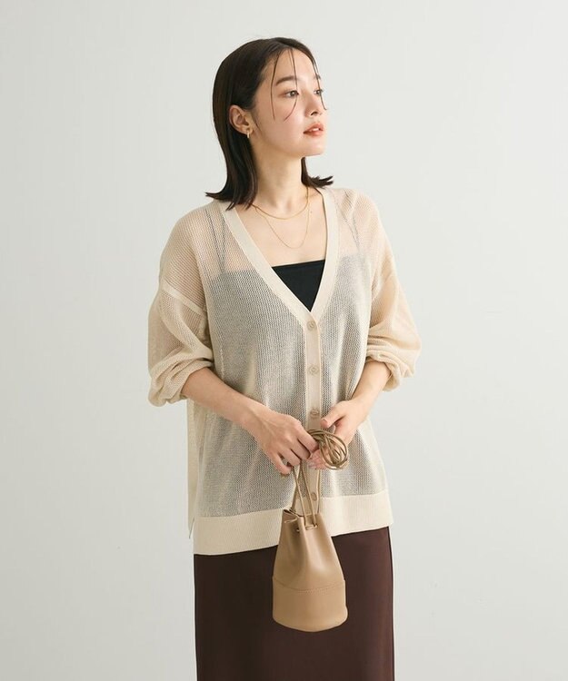 Green Parks メッシュミディ丈ニットカーディガン Ecru