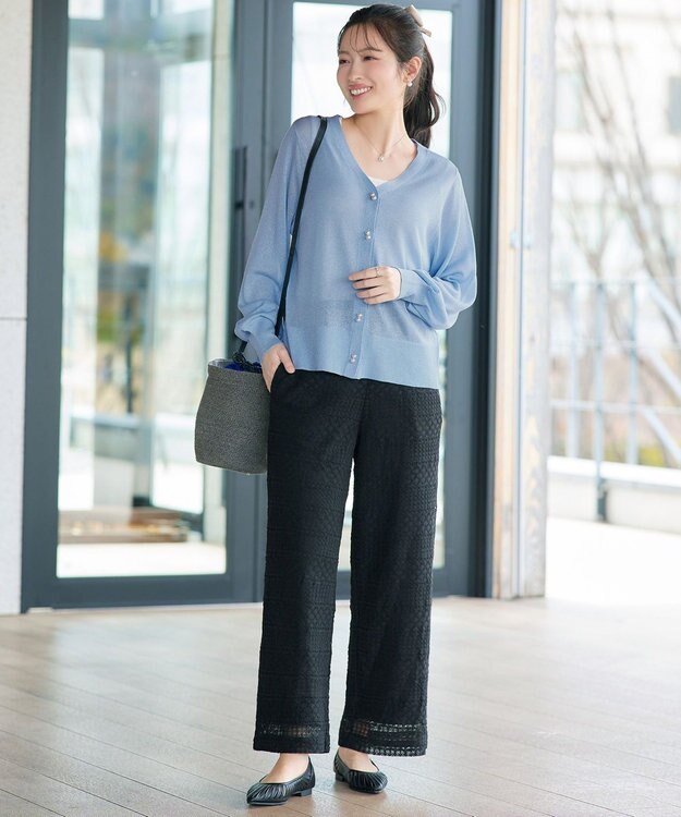 Tiaclasse ラメシアー天竺パールボタンカーディガン サックス