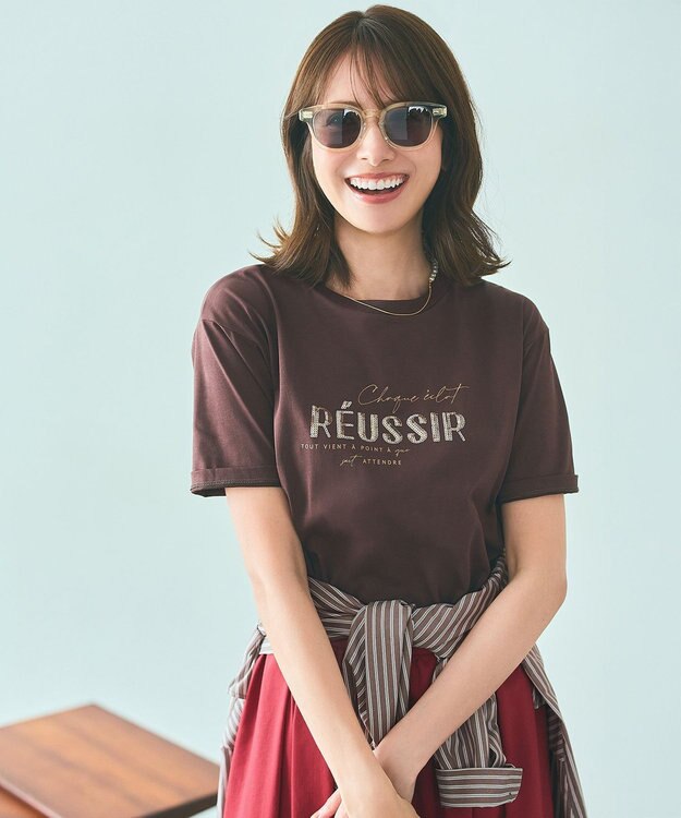 ANY SIS 【洗える】ロゴ刺繍 Tシャツ ブラウンスパンコール