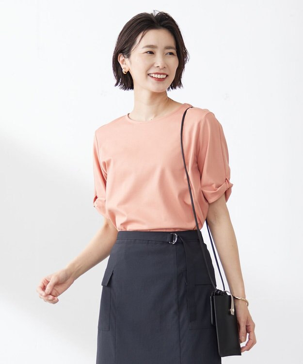 J.PRESS LADIES 【接触冷感・UVケア】コンパクトコットンスムース ツイストスリーブ カットソー ピンク系