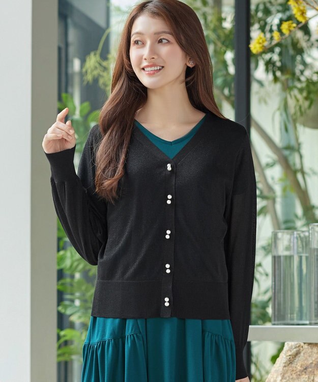 Tiaclasse ラメシアー天竺パールボタンカーディガン ブラック