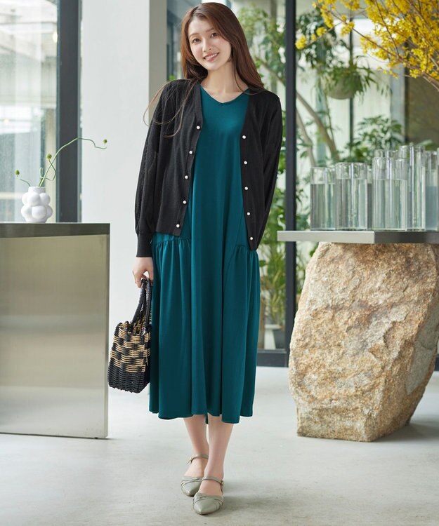 Tiaclasse ラメシアー天竺パールボタンカーディガン ブラック