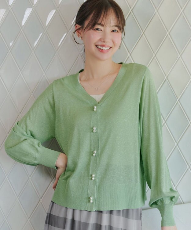 Tiaclasse ラメシアー天竺パールボタンカーディガン グリーン