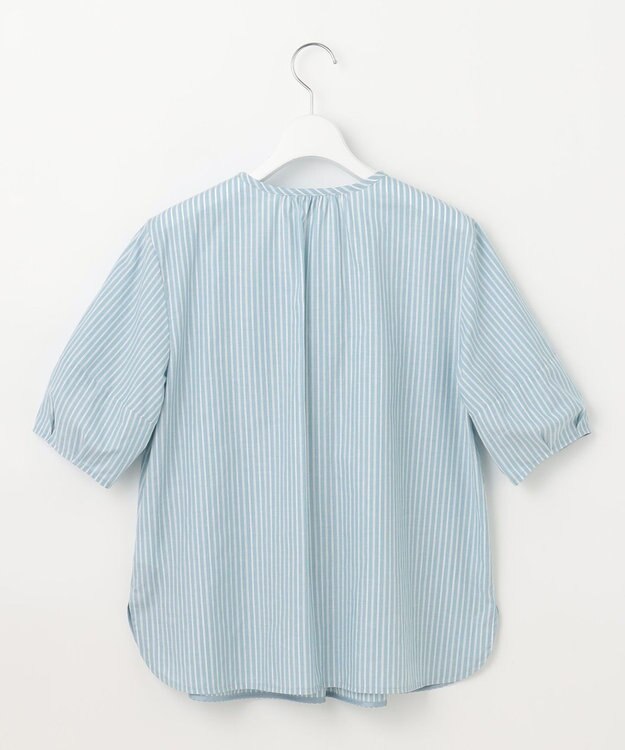 J.PRESS LADIES 【洗える】BEZ空羽ストライプ クルーネック V開き ブラウス シーブルー系1