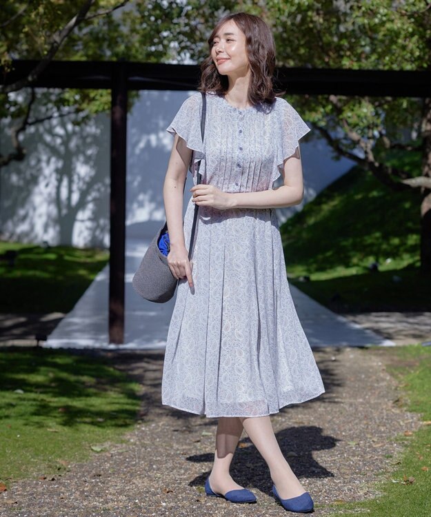 Tiaclasse L 【洗える】ペイズリー柄フレアスリーブワンピース ブルー