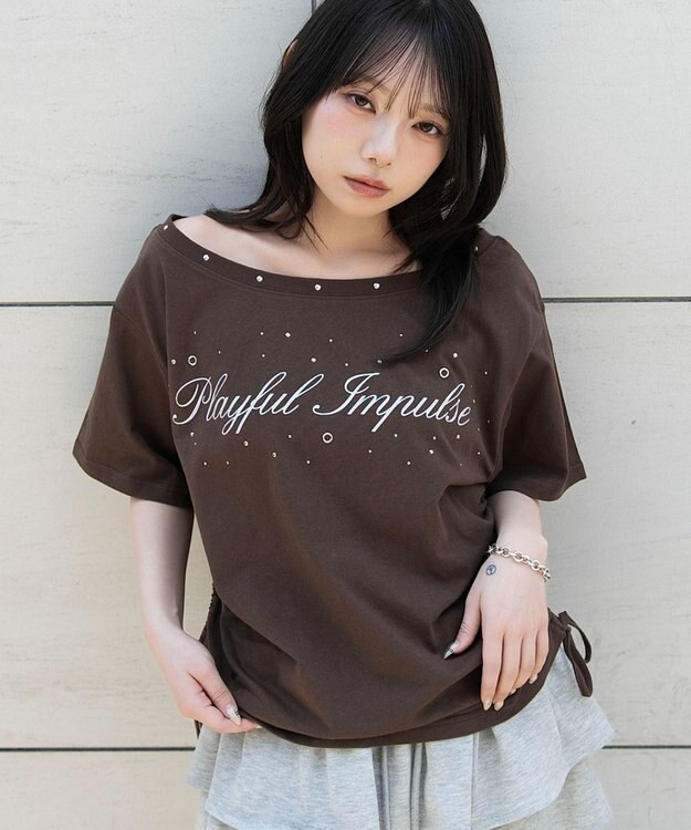 WEGO サイドドロストオフショルグラフィックT ブラウン
