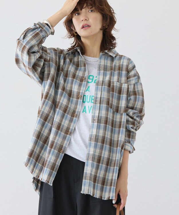 AMERICAN HOLIC フリンジヘム起毛チェックシャツ Check Blue