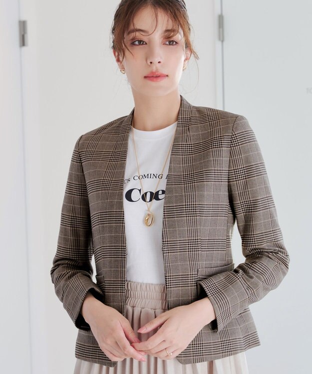 Tiaclasse 【洗える】カラーレスチェック柄ジャケット ブラウン