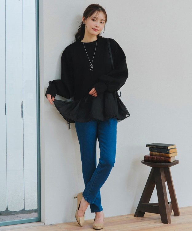 Tiaclasse 【洗える】ペプラムオーガンジーポンチトップス ブラック