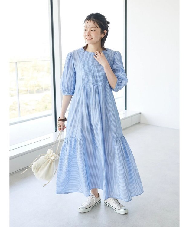 CRAFT STANDARD BOUTIQUE インド綿パフスリーブギャザーワンピース Stripe Blue