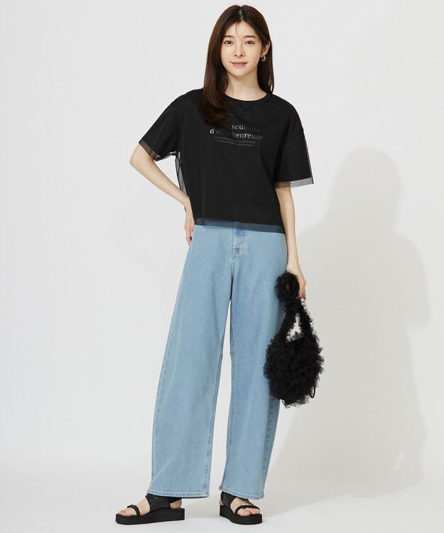 ANY SIS 【洗える】シアーチュールロゴ Tシャツ ブラック