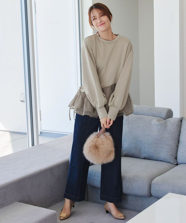 Tiaclasse 【洗える】ペプラムオーガンジーポンチトップス グレージュ