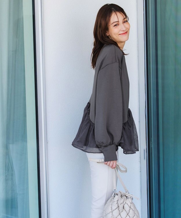 Tiaclasse 【洗える】ペプラムオーガンジーポンチトップス チャコールグレー