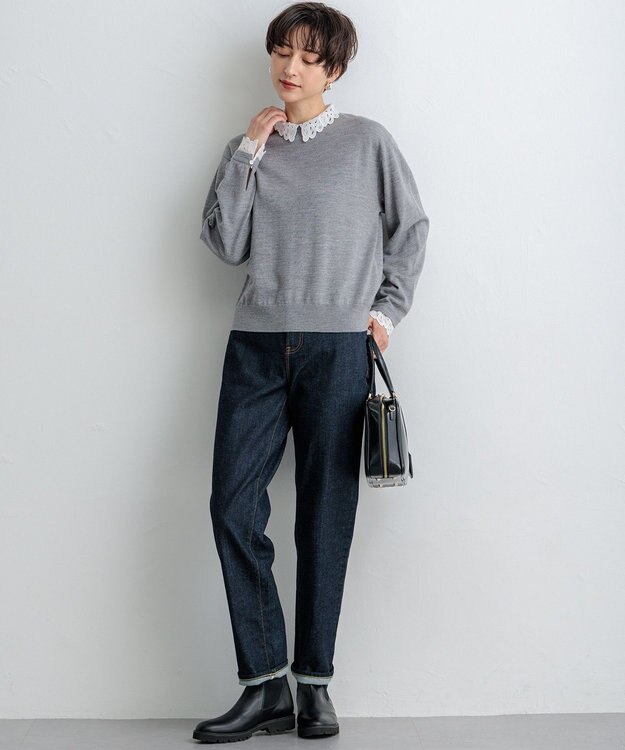 23区 L 【洗える】エンブロイダリーニット ライトグレー系