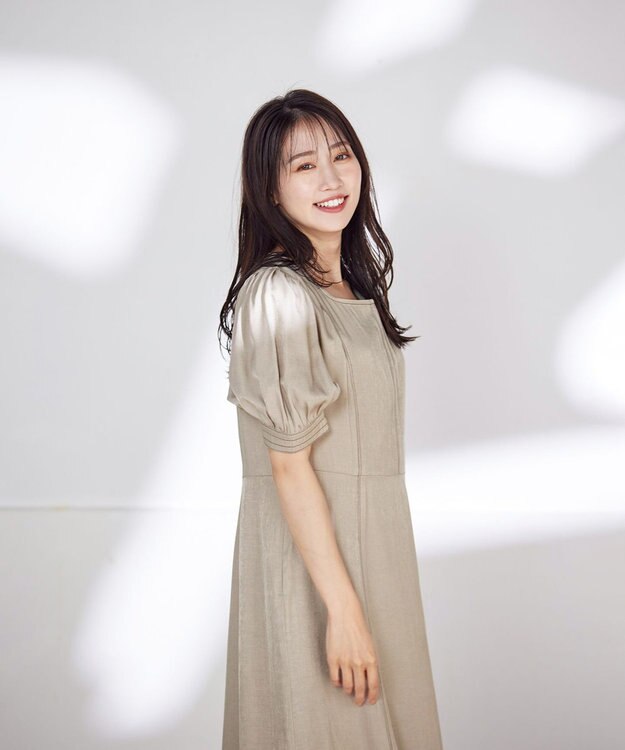 Tiaclasse L 【洗える】パフスリーブ配色ステッチワンピース ベージュ