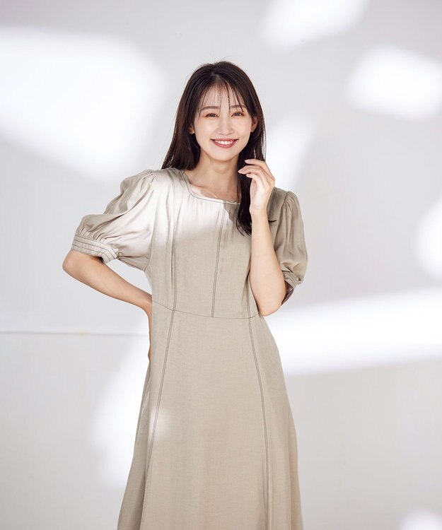 Tiaclasse L 【洗える】パフスリーブ配色ステッチワンピース ベージュ