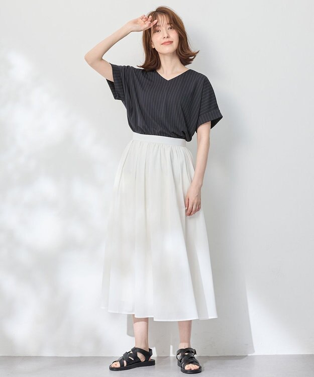 ANY カシュクールTシャツ ネイビーストライプ