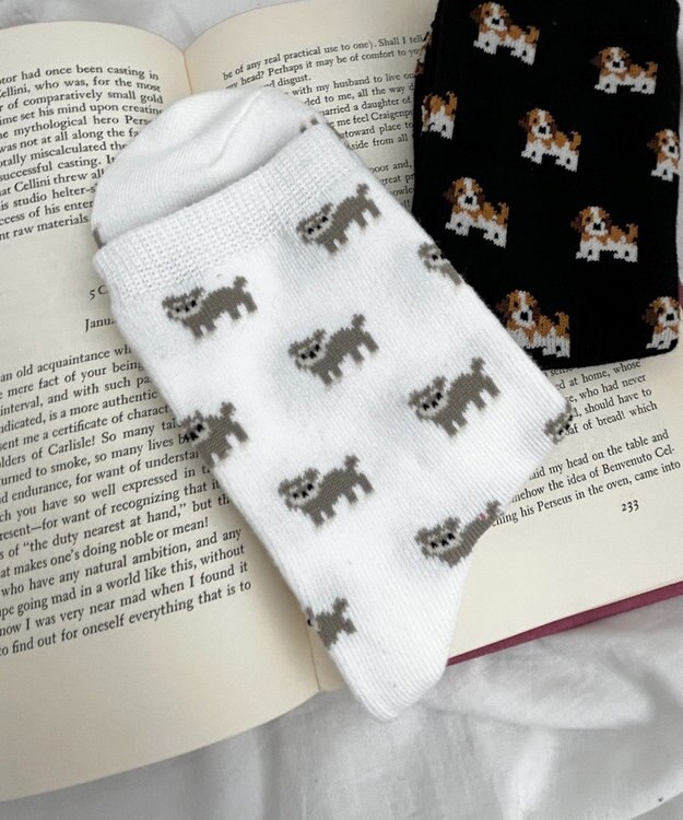 WEGO 総柄イヌクルーソックス ホワイト