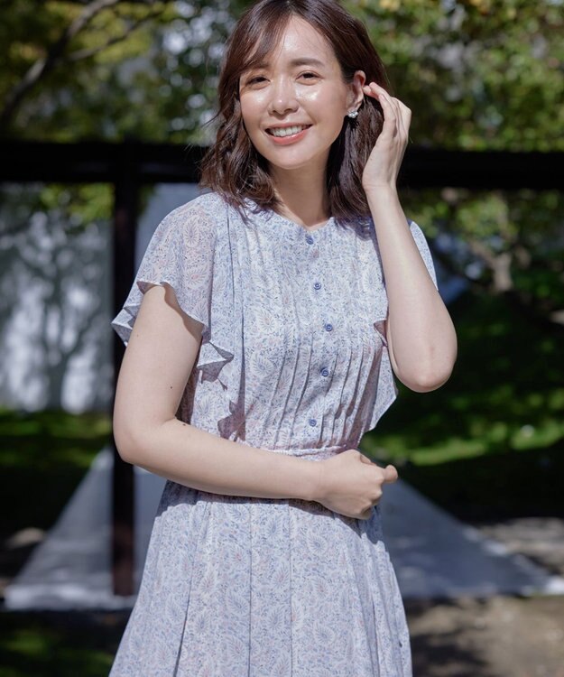 Tiaclasse L 【洗える】ペイズリー柄フレアスリーブワンピース ブルー