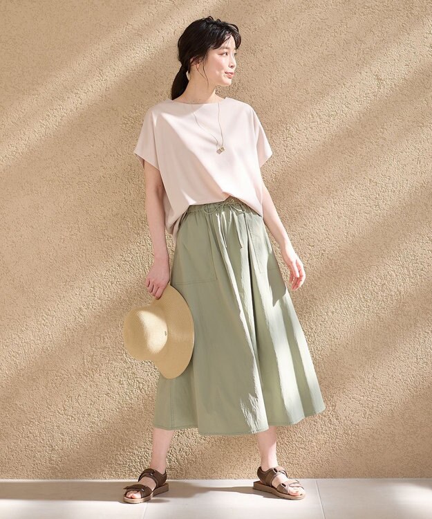 ANY 【ウエストゴム】ナイロンベイカーフレアスカート カーキ