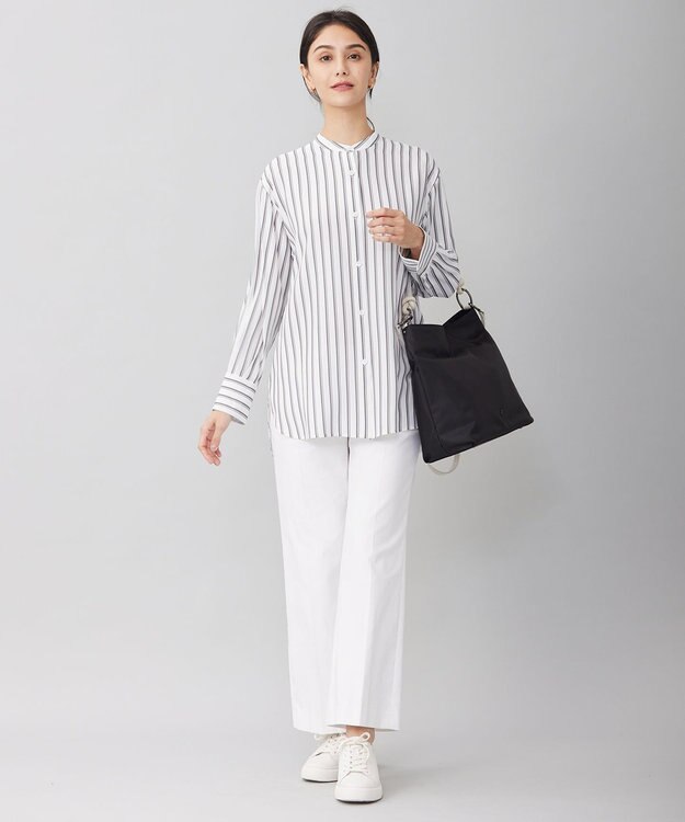 自由区 【洗える】SOMELOSテンセルバンドカラー シャツ オフ×スレート