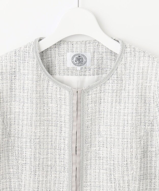 J.PRESS LADIES ファンシーツイード ノーカラー ジャケット ライトグレー系1
