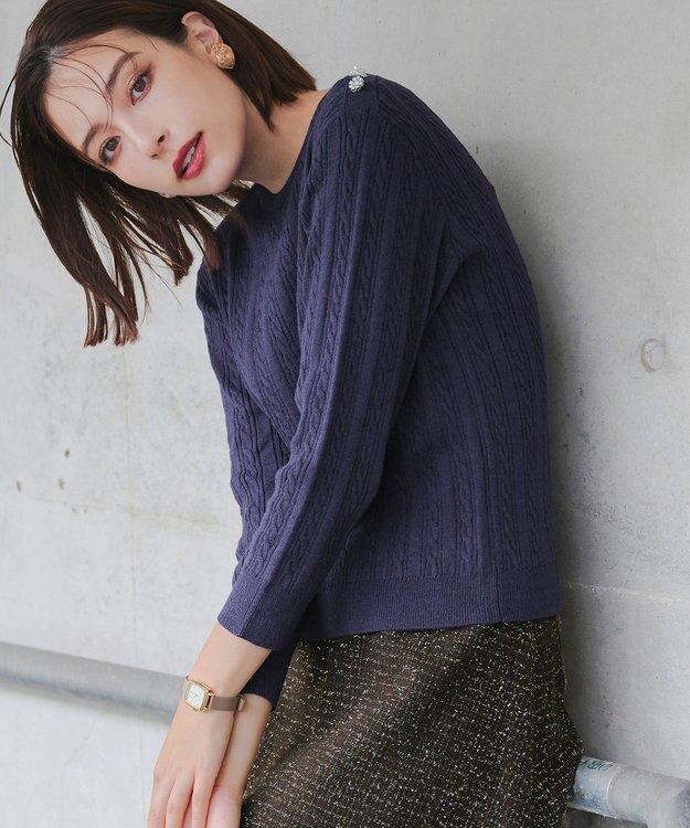 Tiaclasse L 【洗える】肩ボタンケーブルニットトップス ネイビー