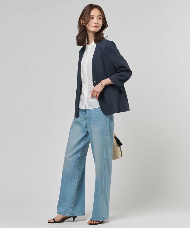 J.PRESS LADIES L 【セットアップ対応】ファンマートロストレッチ ノーカラー ジャケット ネイビー系