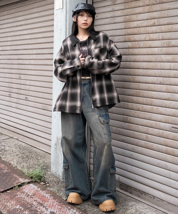 WEGO 【ユニセックス着用ITEM/MLサイズ展開】オンブレチェックシャツジャケット ブラウンチェック1