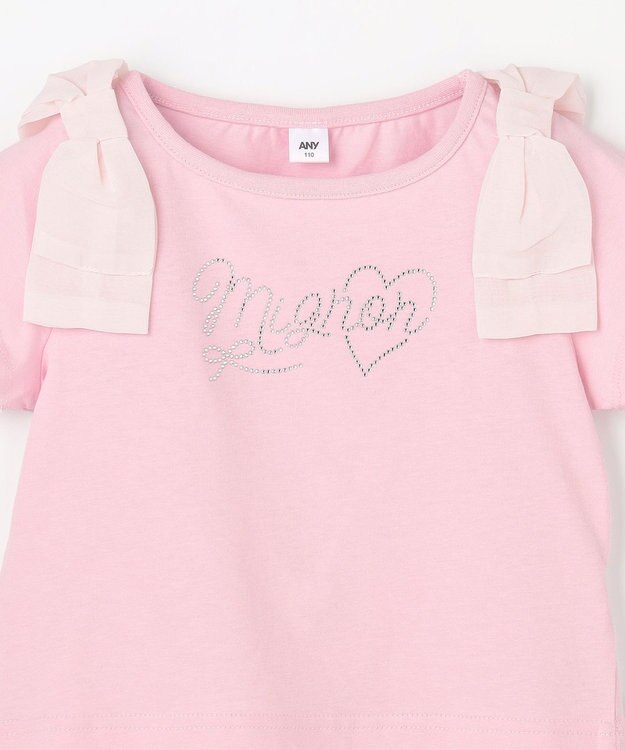 ANY KIDS 【綿100%】肩リボン×ラインストーンロゴ 半袖Tシャツ ピンク
