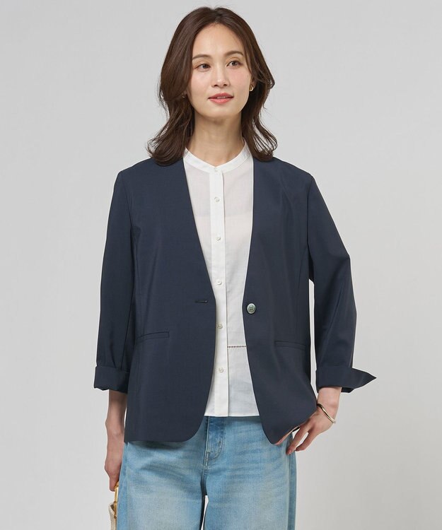 J.PRESS LADIES L 【セットアップ対応】ファンマートロストレッチ ノーカラー ジャケット ネイビー系