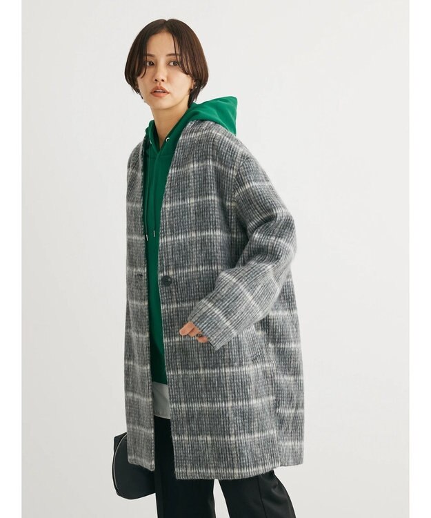 Green Parks コクーンシルエットチェックシャギーコート Black